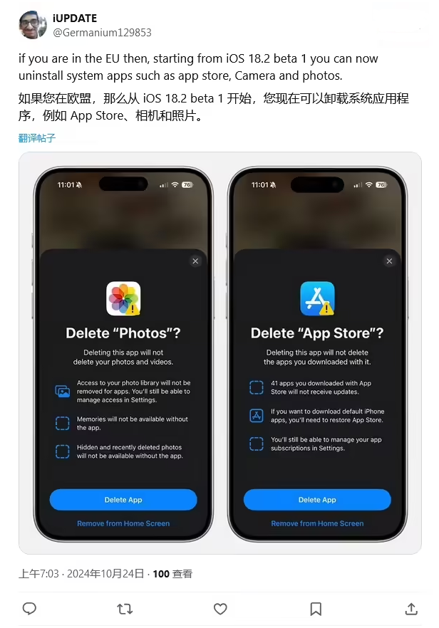 友好苹果手机维修分享iOS 18.2 支持删除 App Store 应用商店 